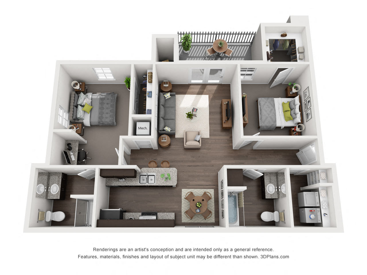 Floor plan for 2 beds, 2 baths, 997 sqft